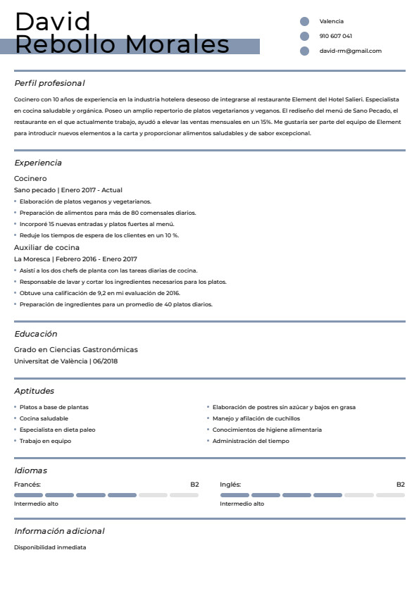 Plantilla de currículum para cocinero